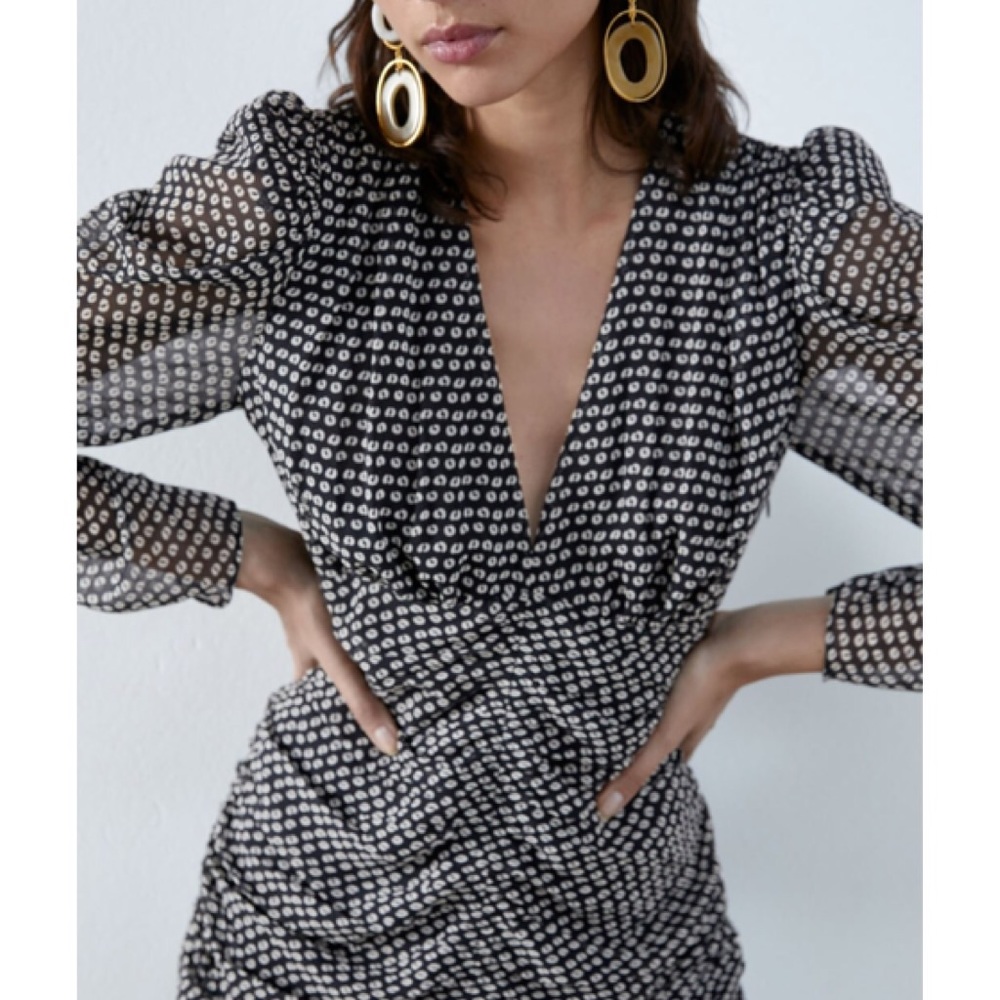 ZARA Patterned Ruched Mini Dress - Picture 2 of 4